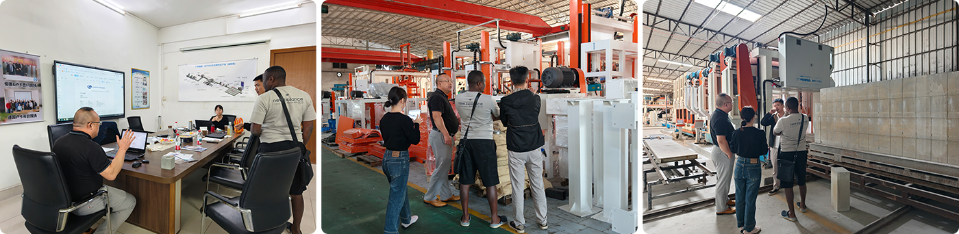 Customers in Burundi, Africa, inspect lightweight block production line.